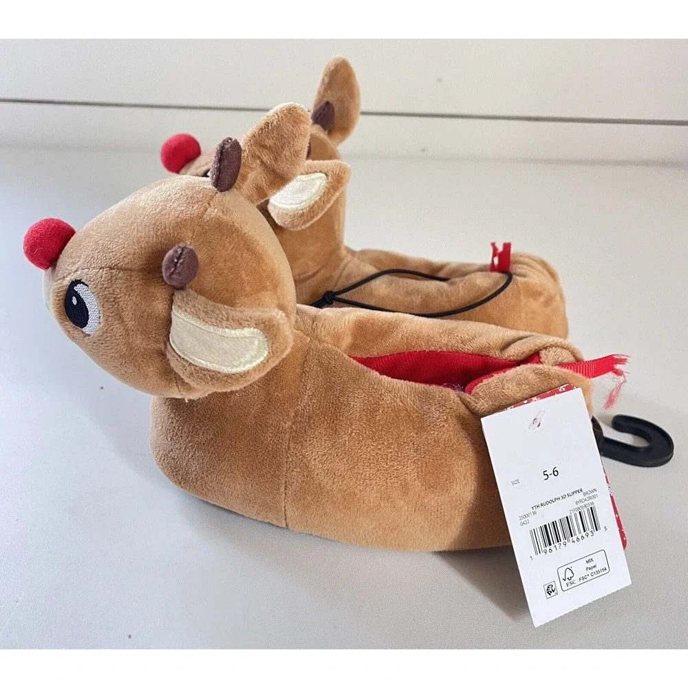 Rudolph Toddler Christmas Slippers The Red Nosed Reindeer Brown Size 5/6 NWT